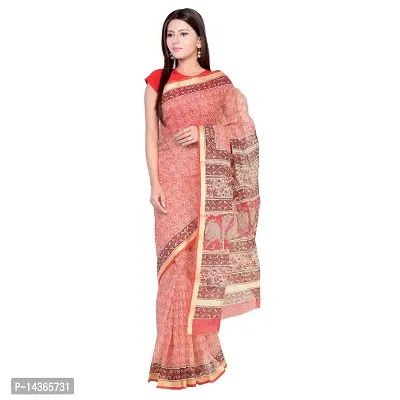 Saree Women's Kota Doria Cotton Silk Saree Hand Block Printed With Blouse Piece (DT49-Free Size) Jari Border Red-thumb0