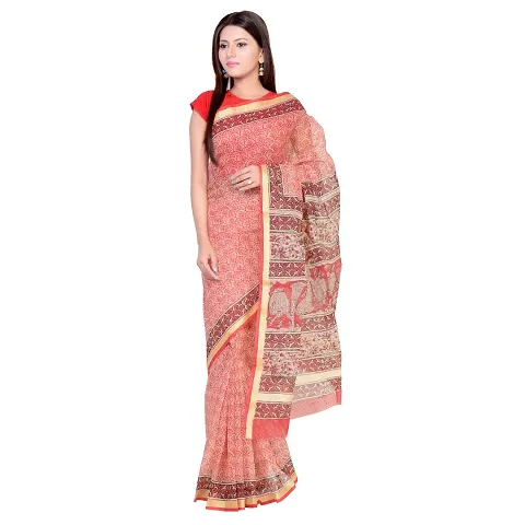 Saree Women's Kota Doria Silk Saree Hand Block With Blouse Piece (DT49-Free Size) Jari Border