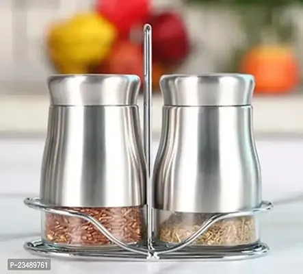 TADAKNATH Salt and Pepper Shakers Set with 3 Adjustable Pour Holes  Tray for Container Stainless Steel Outer Layer and Internal Durable Glass for Granular Seasoning Glass Jar for Pickle(Set of 2 Pcs)