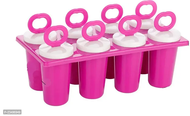 TADAKNATH Plastic Ice Tray Candy Maker Kulfi Maker Popsicle Mould | Ice Cream Mold Scoop Circular Popsicle Sticks Holder Ice Cube Tray Spoon, Pink (Pack of 1)-thumb0