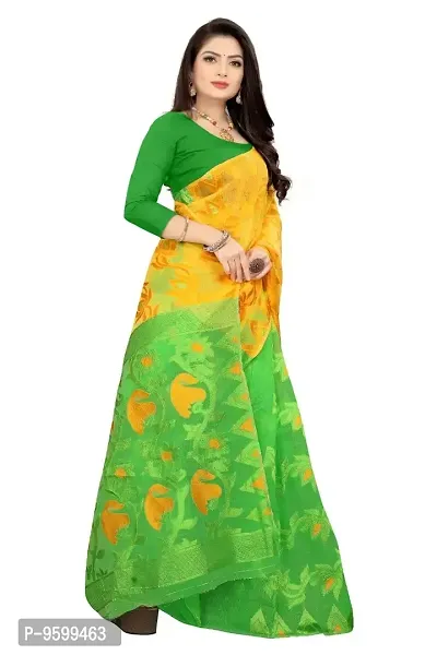 BENGAL POOJA SPESIAL COTTON JAMDANI SILK SAREE SAVNTIKA-167 (YELLOW-PARROT)-thumb3