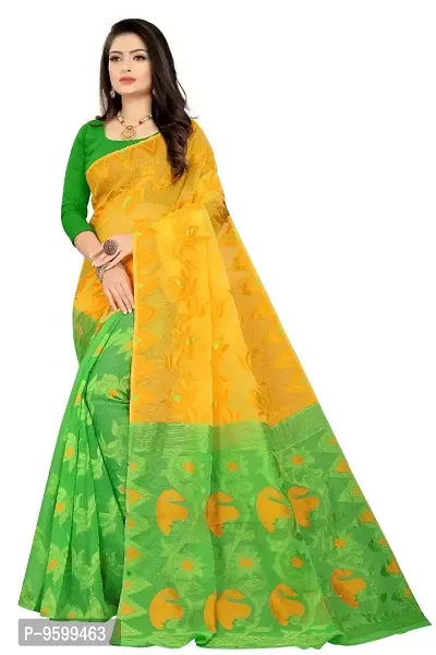 BENGAL POOJA SPESIAL COTTON JAMDANI SILK SAREE SAVNTIKA-167 (YELLOW-PARROT)-thumb0