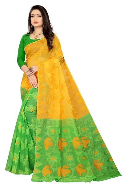 BENGAL POOJA SPESIAL JAMDANI SILK SAREE SAVNTIKA-167 (YELLOW-PARROT)