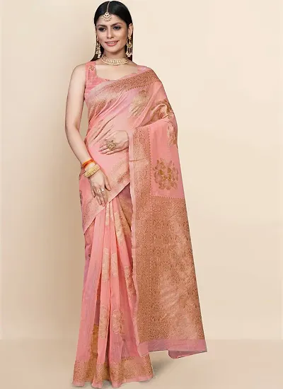 Texonus Women's Banarasi Linen Saree with Unstitched Blouse Piece. (FT-091-AM-PINK)