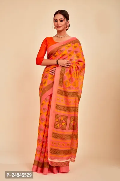 Stylish Cotton Multicolor Printed Saree with Blouse piece For Women-thumb0