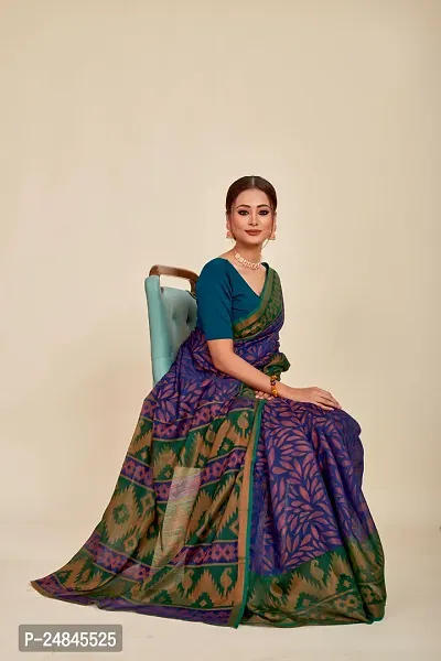 Stylish Cotton Blue Printed Saree with Blouse piece For Women