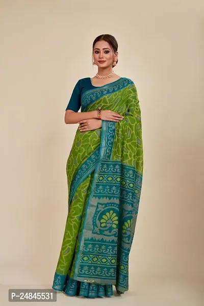 Stylish Cotton Green Printed Saree with Blouse piece For Women