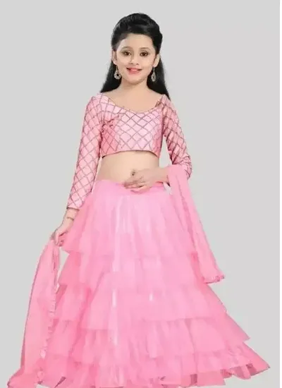 Girls Tissue Embroidered Lehenga, Choli and Dupatta Set