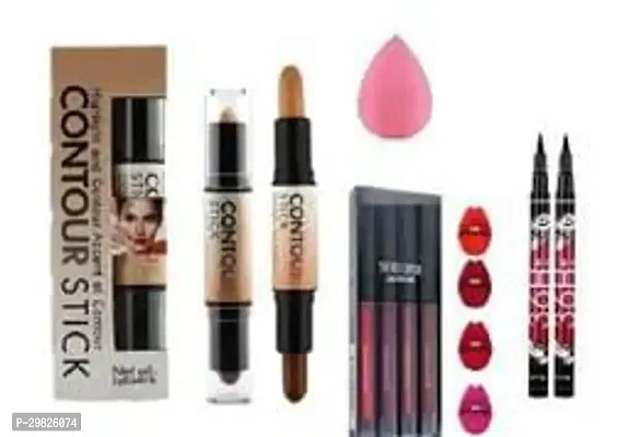 Contour Stick With Mini Red Lipstick Set Of 4 With 36H Eyeliner Set Of 2 With Blender Puff