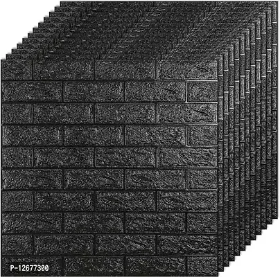 BLACK 3D Brick Wallpaper PE Foam self Adhesive Brick Design Wall Stickers/DIY Wallpaper for Home Hotel Living Room Bedroom Cafe Deco (70 x 77 cm), Black - Pack of 1-thumb0