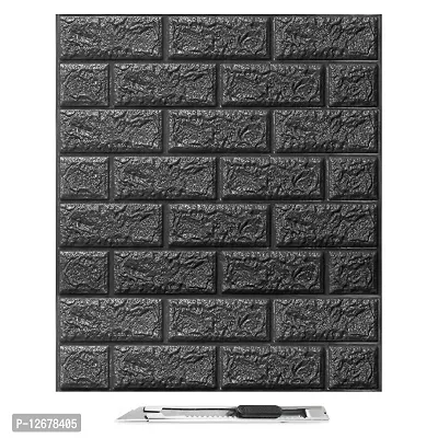 BLACK Brick Wallpaper for Walls 3D (11 Pcs) Foam Wall Paper Sticker I Self Adhesive Panel I Peel  Stick 3D Wall Tiles for Wall Decor (Moon Light Black, 1 Pieces of 70 x 77 cm Each)