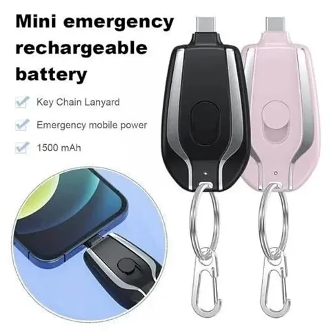 1500mAh Mini Power Emergen-cy Pod, Keychain Portable Charger for or Type-c, Ultra-Compact External Fast Charging Power Bank Battery Pack, Key Ring Cell Phone Charger C Type Pin (Pack of 1)