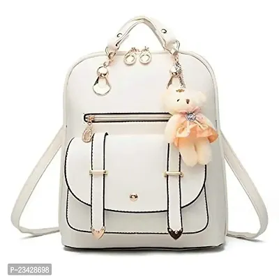 SBS Bags? Women?s Girls Fashion PU Leather Mini Casual Backpack Bags With Teddy Keychain For School, College, Tuition, Office (White)-thumb0