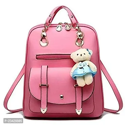 SBS Bags? Women?s Girls Fashion PU Leather Casual Backpack Bags With Teddy Keychain For School, College, Tuition, Office (Pink)