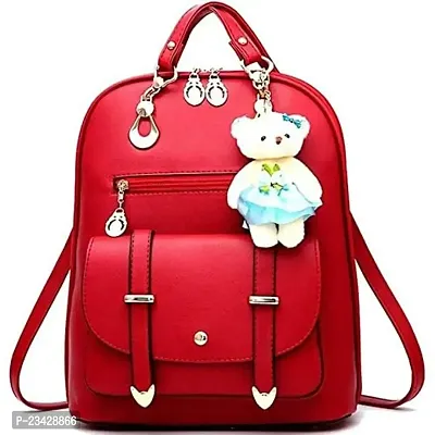 SBS Bags? Women?s Girls Fashion PU Leather Mini Casual Backpack Bags With Teddy Keychain For School, College, Tuition, Office (Red)