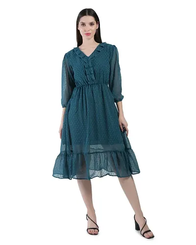 Stylish Georgette Polka Dots A-Line Dress For Women