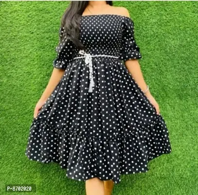 Black Crepe Polka Dot Print Dresses For Women