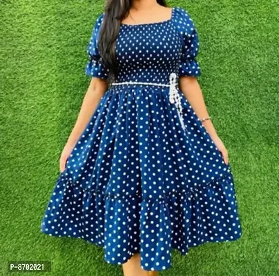 Blue Crepe Polka Dot Print Dresses For Women