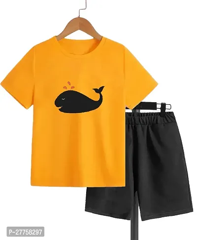 Stylish Yellow Cotton Blend Printed T-Shirts With Shorts Clothing Set For Boys And Girls-thumb0