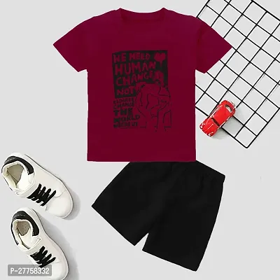 Stylish Maroon Cotton Blend Printed T-Shirts With Shorts Clothing Set For Boys And Girls-thumb0