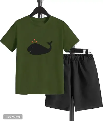 Stylish Olive Cotton Blend Printed T-Shirts With Shorts Clothing Set For Boys And Girls-thumb0