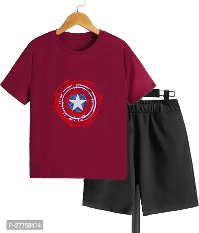 Stylish Maroon Cotton Blend Printed T-Shirts With Shorts Clothing Set For Boys And Girls-thumb0