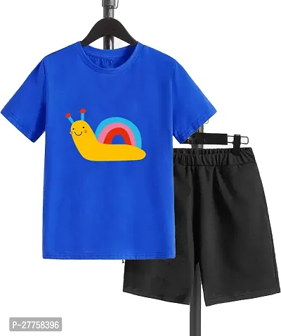 Stylish Blue Cotton Blend Printed T-Shirts With Shorts Clothing Set For Boys And Girls-thumb0