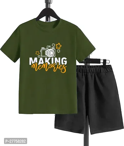 Stylish Green Cotton Blend Printed T-Shirts With Shorts Clothing Set For Boys And Girls-thumb0