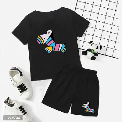 Stylish Black Cotton Blend Printed T-Shirts With Shorts Clothing Set For Boys And Girls-thumb0