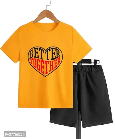 Stylish Yellow Cotton Blend Printed T-Shirts With Shorts Clothing Set For Boys And Girls-thumb0