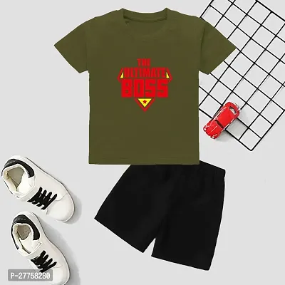 Stylish Olive Cotton Blend Printed T-Shirts With Shorts Clothing Set For Boys And Girls-thumb0