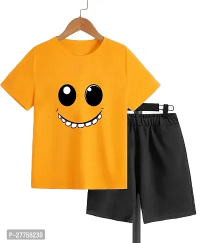 Stylish Yellow Cotton Blend Printed T-Shirts With Shorts Clothing Set For Boys And Girls-thumb0