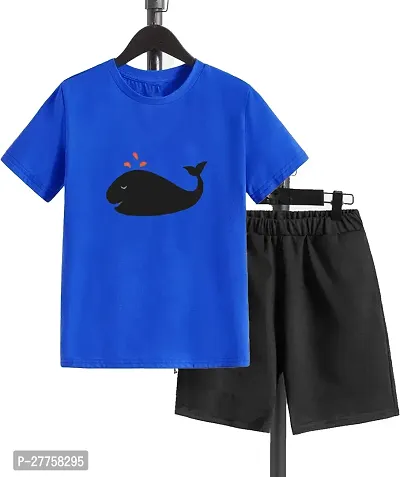 Stylish Blue Cotton Blend Printed T-Shirts With Shorts Clothing Set For Boys And Girls-thumb0