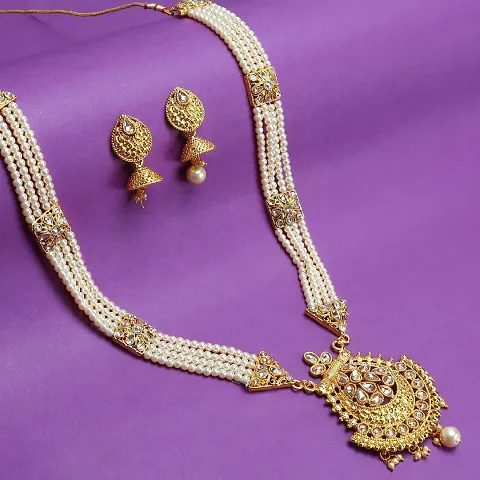 Classic Gold Plated Long Haram Necklace Set For Women