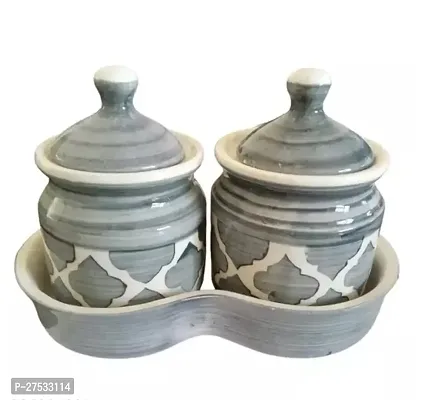 Useful Calcine Ceramic Pickle Jar With Lid And Try- Set Of 2
