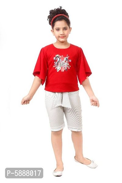 Trendy Cotton Blend Top with Capri Set for Girls