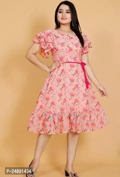 Stylish Pink Georgette Printed A-Line Dress For Women