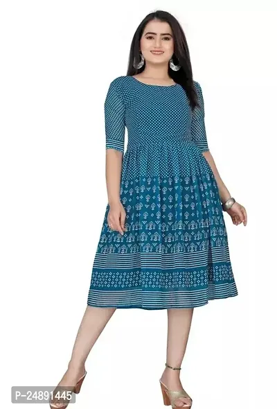 Stylish Blue Georgette Printed A-Line Dress For Women