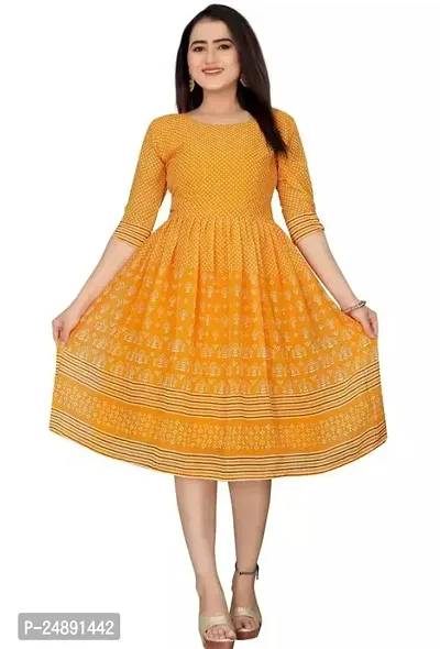 Stylish Yellow Georgette Printed A-Line Dress For Women