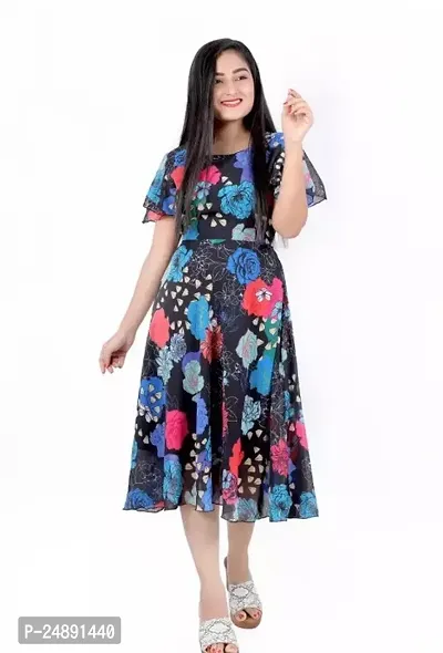 Stylish Multicoloured Georgette Printed A-Line Dress For Women