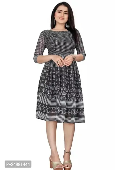 Stylish Grey Georgette Printed A-Line Dress For Women