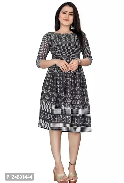 Stylish Grey Georgette Printed A-Line Dress For Women-thumb0