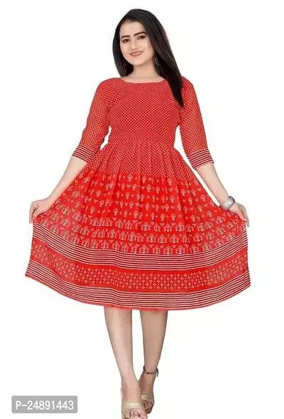 Stylish Red Georgette Printed A-Line Dress For Women