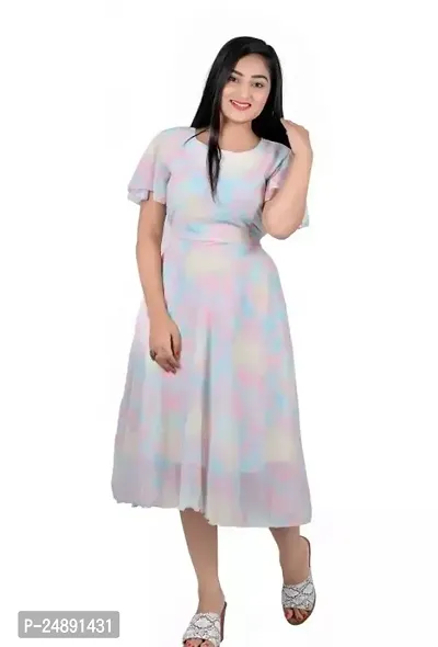 Stylish Multicoloured Georgette Printed A-Line Dress For Women