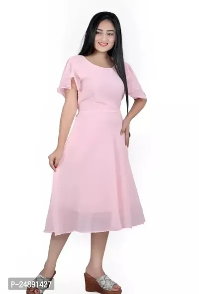 Stylish Pink Georgette Solid A-Line Dress For Women-thumb0