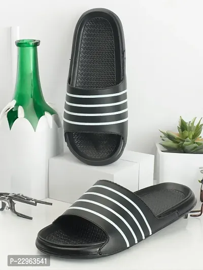 Stylish Black Rexine Solid Sliders For Men