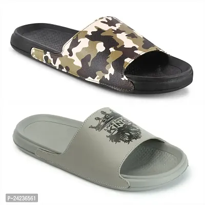 FOOTFIT Mens Olive Green, Grey, Black Flip Flops Combo Pack of 2 Slippers