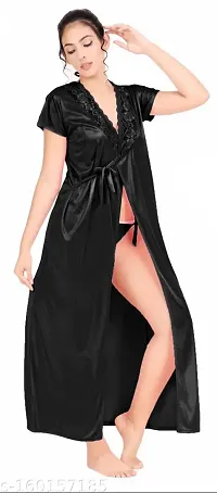 Women Stylish Solid Nighty set (BLACK)-thumb1