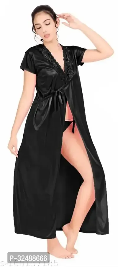 Women Stylish Solid Nighty set (BLACK)-thumb2