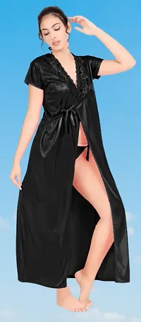 Stylish Black Satin Nighty Set Combo Of 6 For Women-thumb1